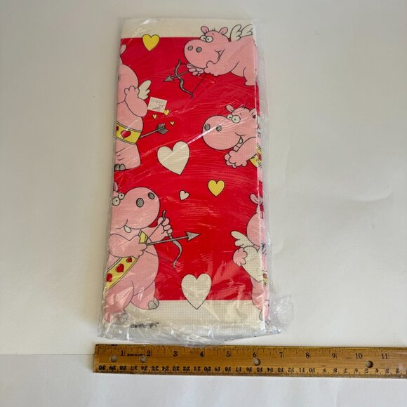 Vtg Paper Art Valentines Day Hearts Hippo Paper Tablecloth Disposable 54x102 in - Picture 1 of 6